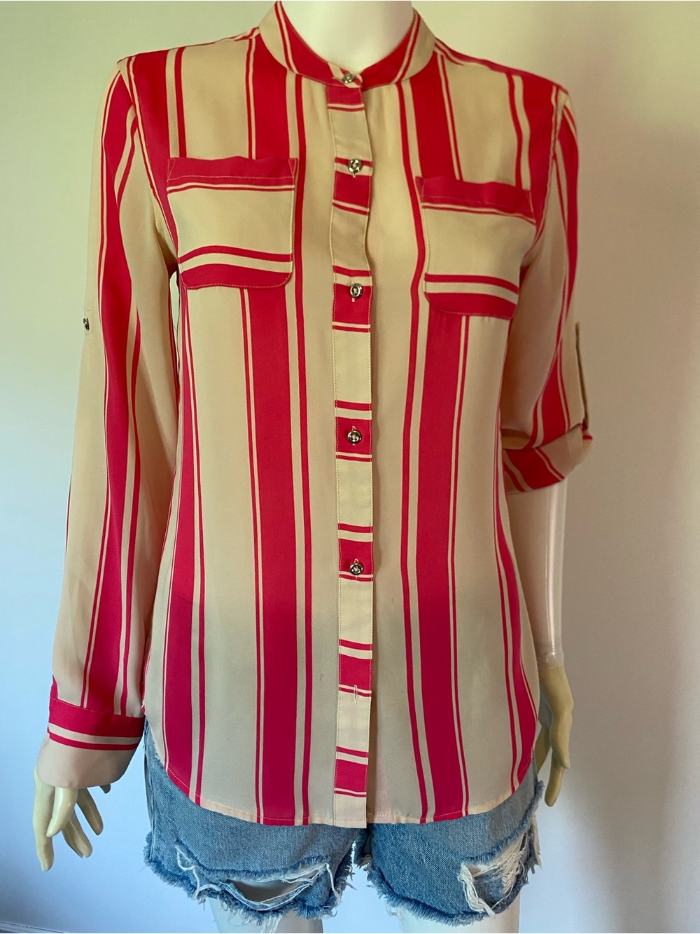 Banana Republic Beige and Red Vertical Stripe Button-Down Shirt